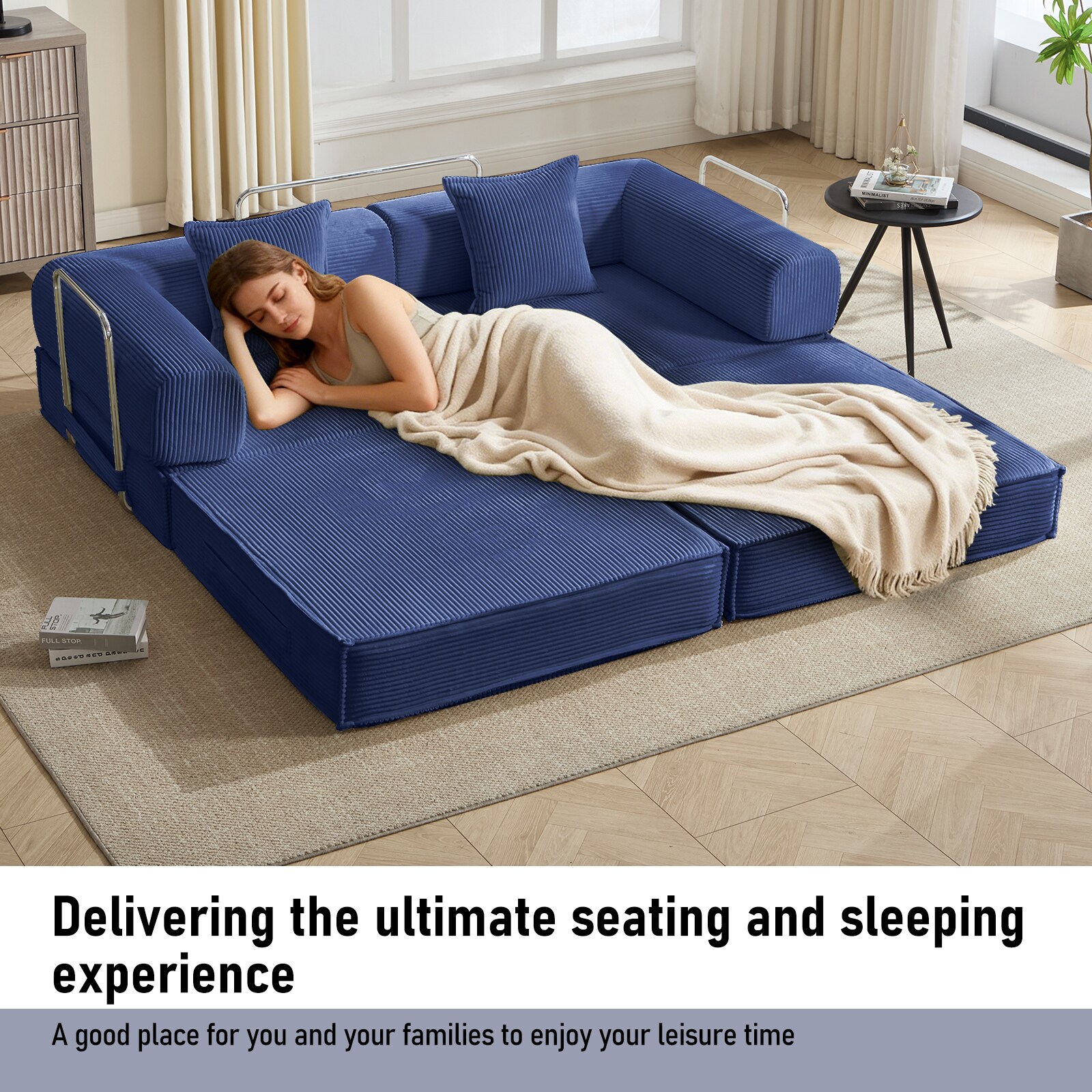 Convertible Corduroy Sleeper Sofa Bed With Two Pillows Blue_voghion.com